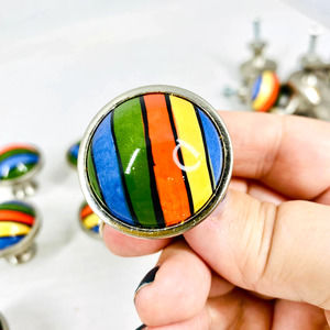 Vintage Rainbow Striped Ceramic & Silver Drawer Cabinet Pulls/Knobs Set of 12
